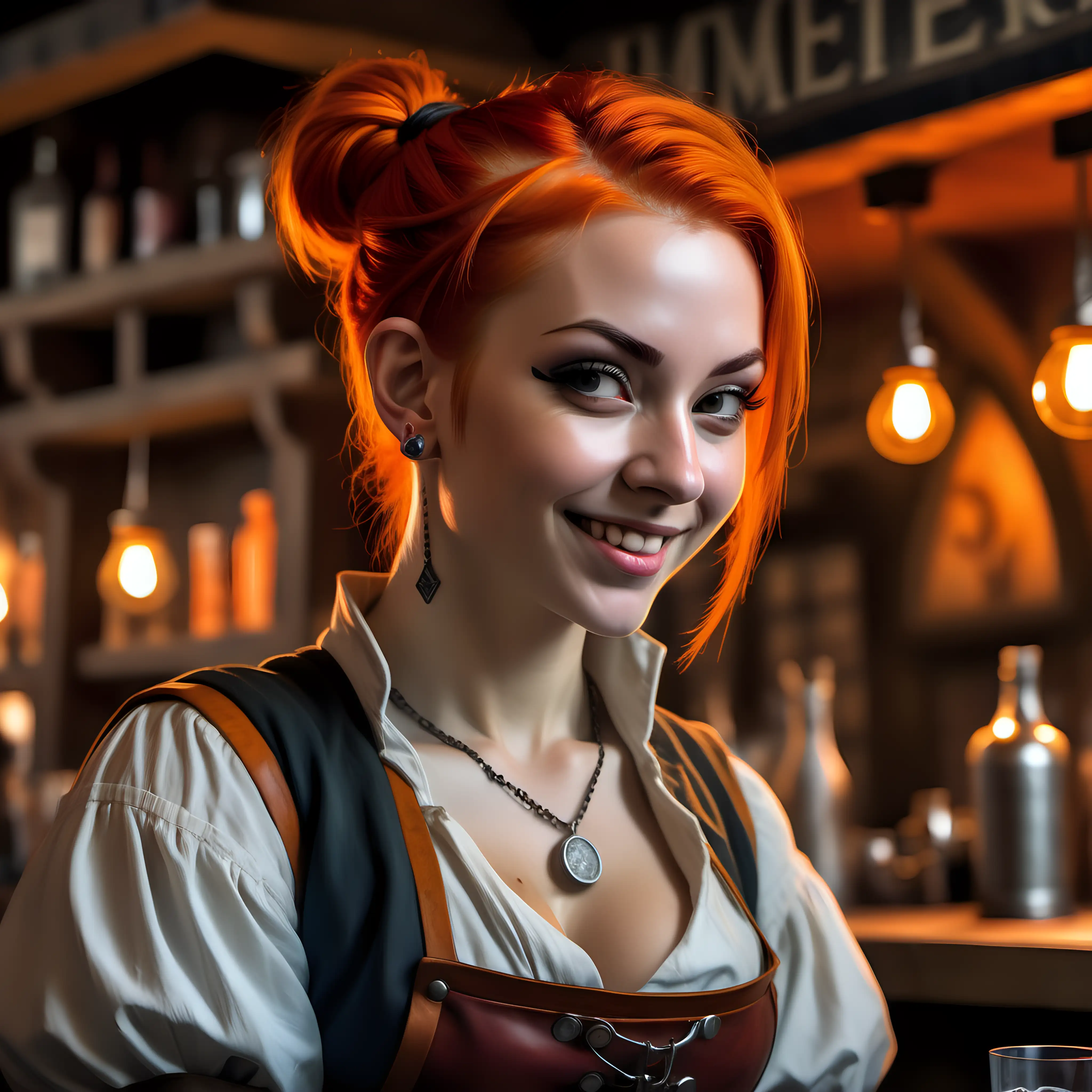 female rogue, amused expression, cute, strong, amulet necklace, small stud earrings, bright orange hair in a tight bun, bartending, medieval fantasy, small tavern, super-detailed, hyper-realistic