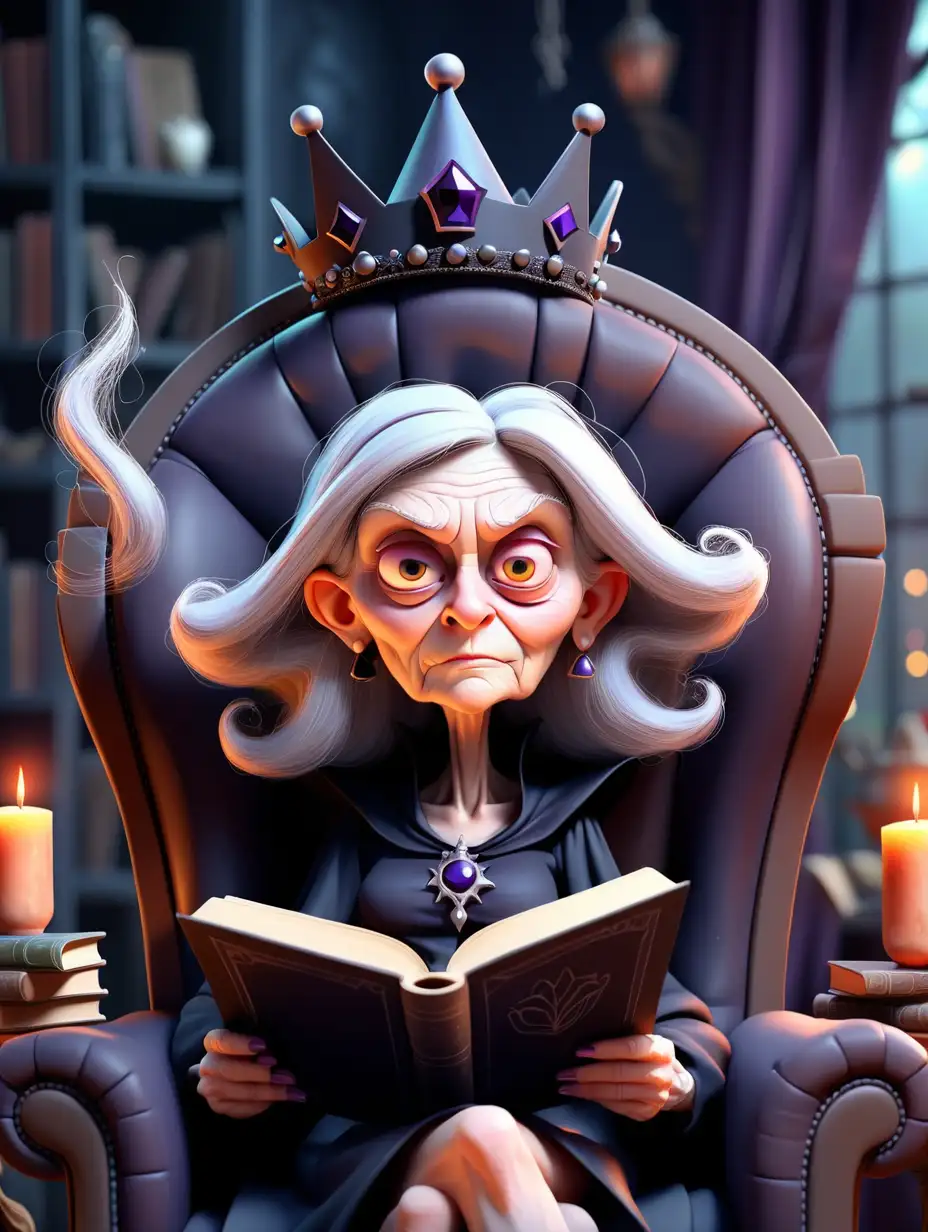 cute older witch sitting in a chair , crown on her head, holding an open book. mystical background