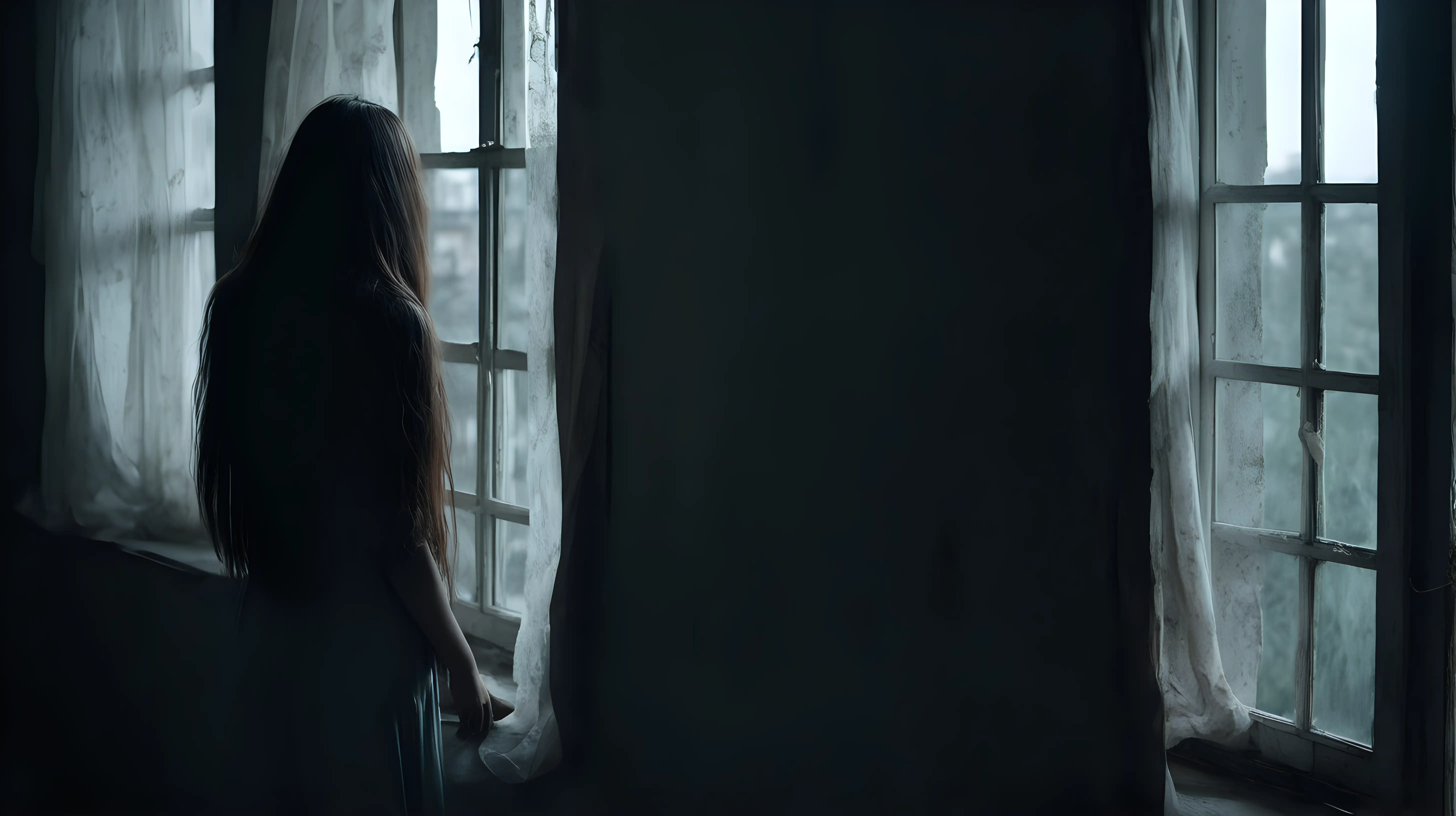 Beauty  women long hair sadness standing in front wathing out of the window side alone darkness soft light very large old room mess
