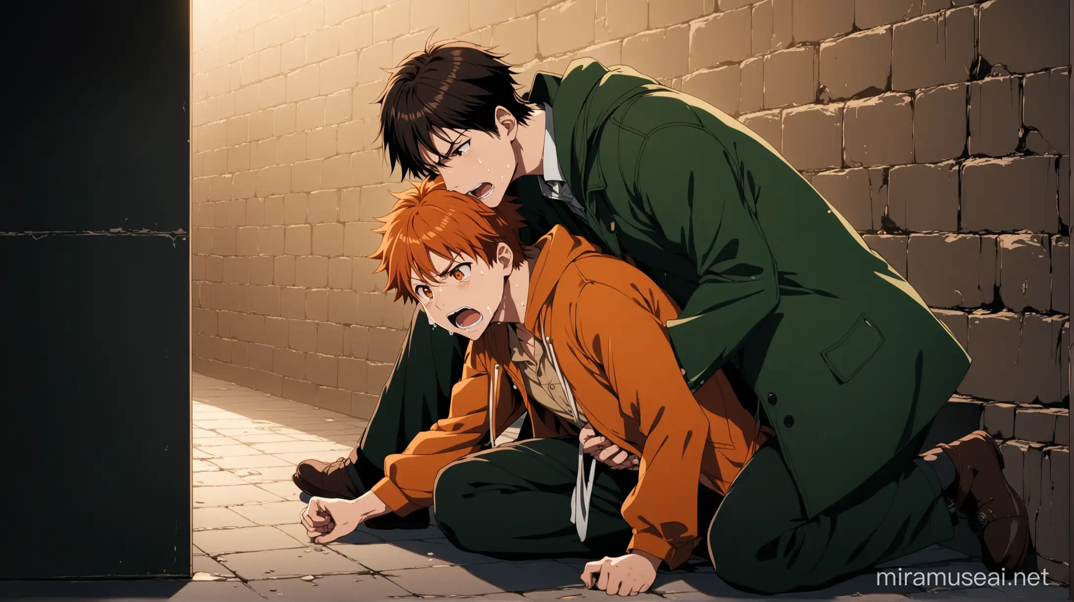A cinematic shot image of an two anime characters in which the first pushed second character with his handcuffed hands while sitting on the floor of an underground secret room with dark green contrasts and vibe. The first character is the dad, male, detective, injured badly, injured face, dark brown headed, orange eyes, wearing detective clothes without hat, brown detective clothes. The second character is been pushed by the first anime character. The second character is son, boy, crying, screaming, orange headed, wearing dark green hoodie, handsome, orange eyes. The image is front full body image of first character pushing the crying second character. The first  character is injured badly sitting on the floor supporting a wall 