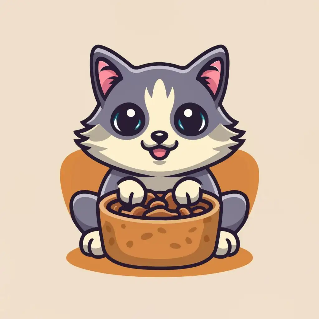 a logo design,with the text "cat food", main symbol:cat, food, kitten, fluffy cat, eats food,Moderate,clear background