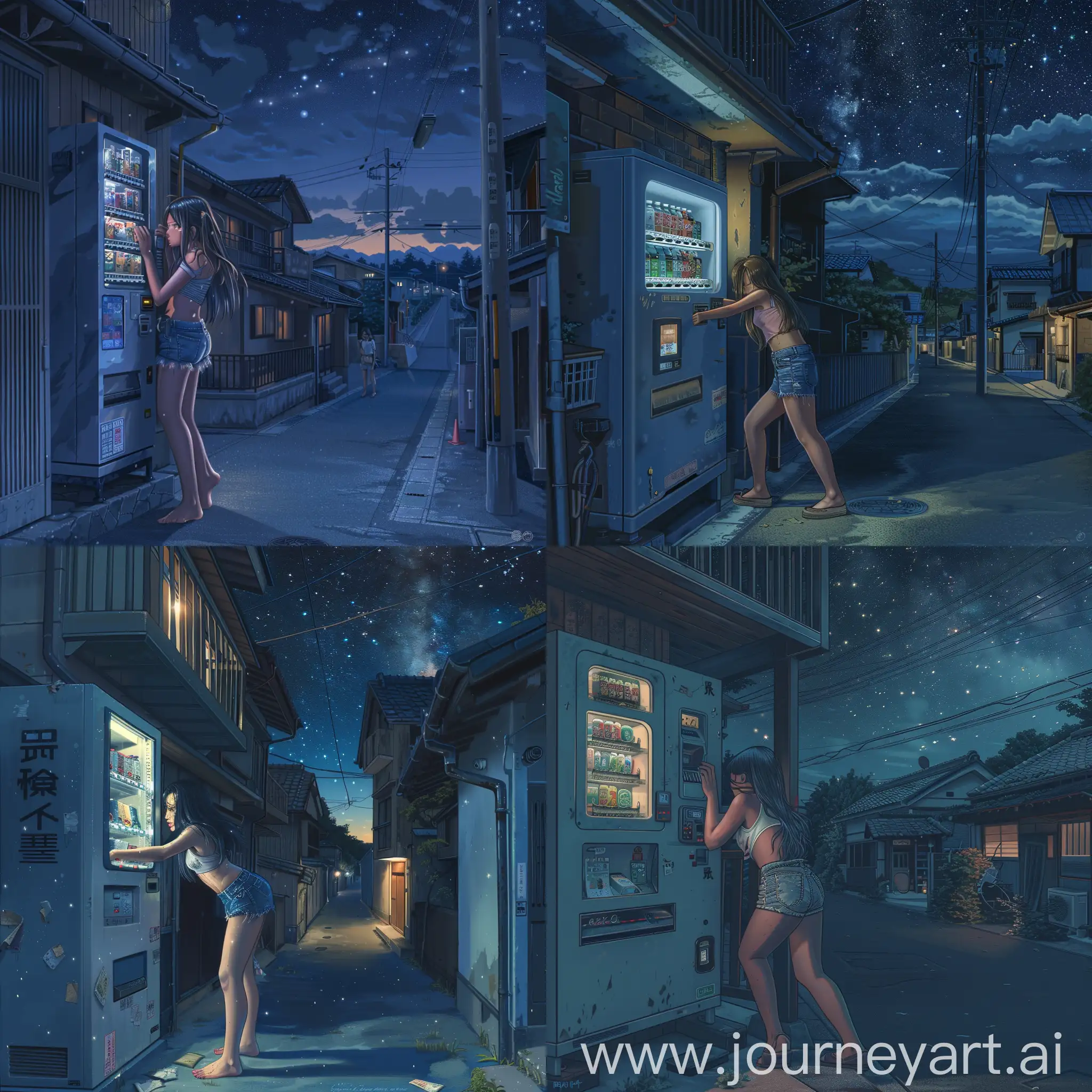 детализированная иллюстрация, cgi, компьютерная графика, 2d, ночное токио, девушка прячется под балконом рядом торговый автомат одетая в джинсовые шорты, пустынная улица, ночь, звездное небо, небольшие домики