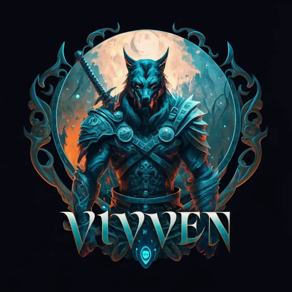 a logo design,with the text 'vivven', main symbol:hyperrealistic dark mystic warrior hyperrealistic moon black red blue hyperrealistic wolf,complex,be used in Technology industry,clear background