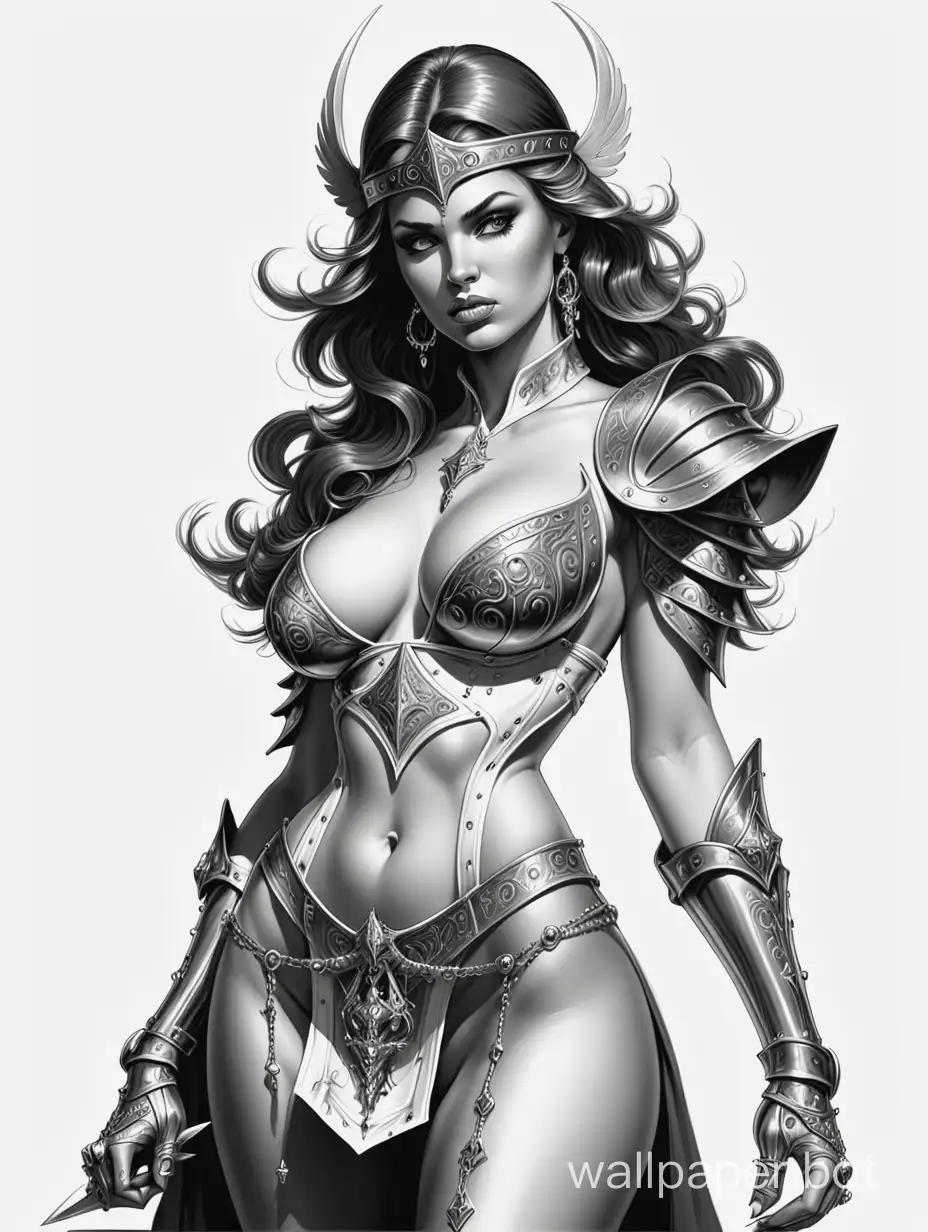 young Olga Kapranova. large bust. narrow waist. wide hips. lady warrior mage. revealing clothing with lacing and metallic ornaments. high-heeled boots. deep neckline. open hands. protection on the left shoulder. Quality 8K. White background. Black and white sketch. Style Boris Vallejo