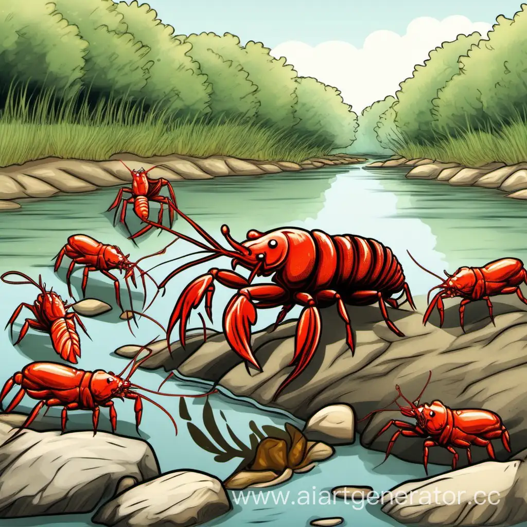 a crayfish is talking to 7 small crayfish by the river