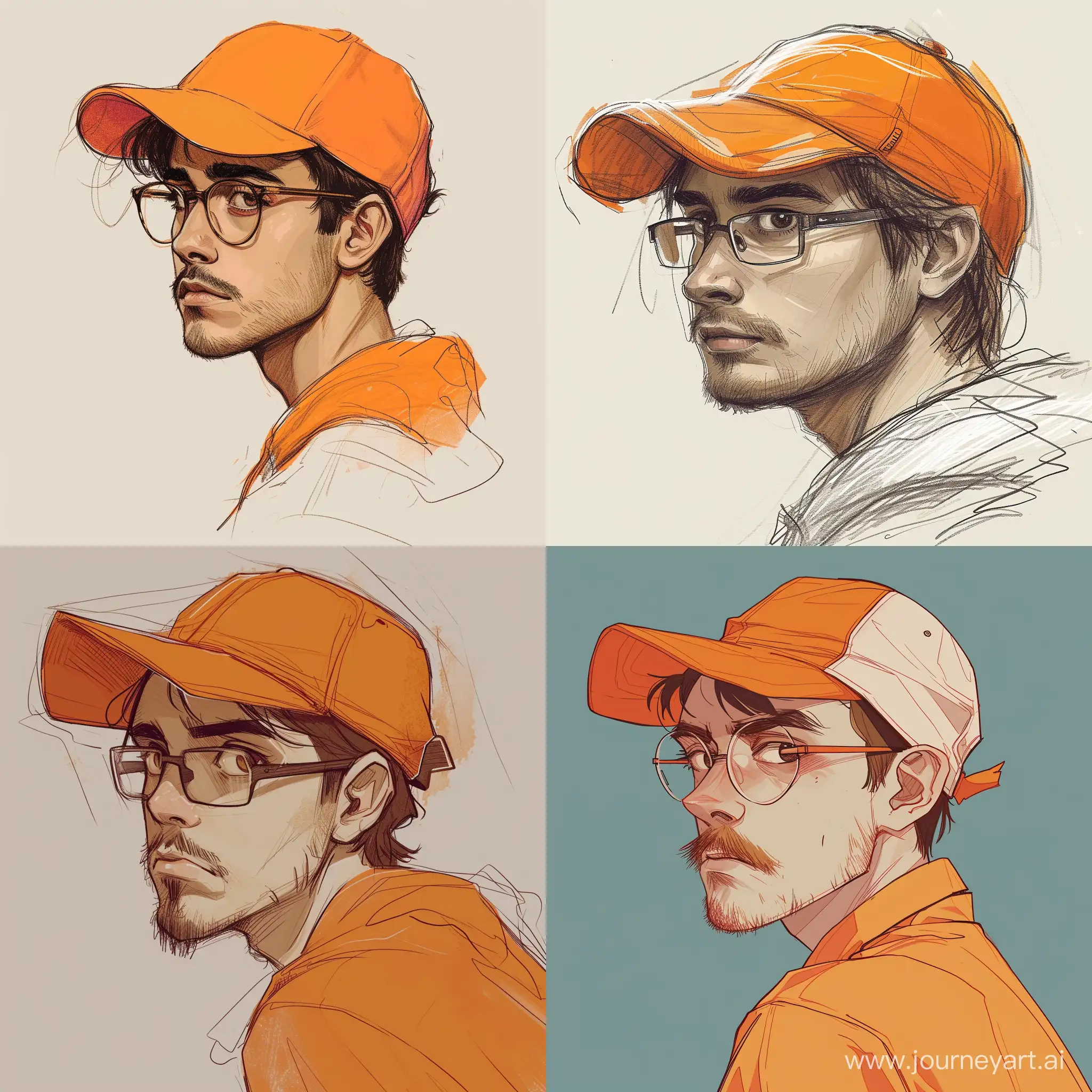 нарисуй рисунок парень с легкой щитиной и усами , их мало они не сильно выделяются, в очках и в оранжевой кепке козырей которой смотрит назад, у него карие глаза