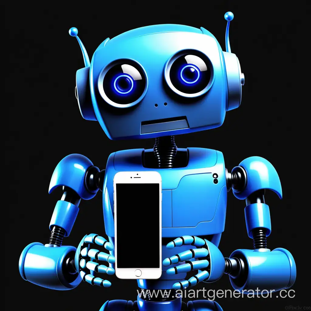 Blue-Robot-Holding-iPhone-6-on-Black-Background