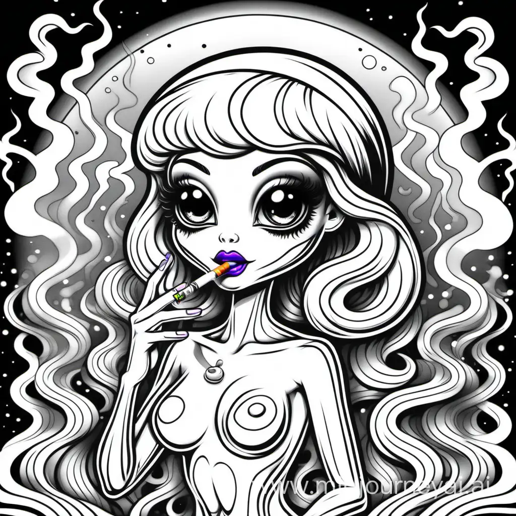 smoking alien lisa frank style, black and white line art drawing, coloring book page 

