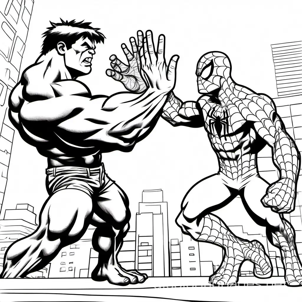 hulk giving spiderman a high five, Coloring Page, black and white, line art, white background, Simplicity, Ample White Space. The background of the coloring page is plain white to make it easy for young children to color within the lines. The outlines of all the subjects are easy to distinguish, making it simple for kids to color without too much difficulty