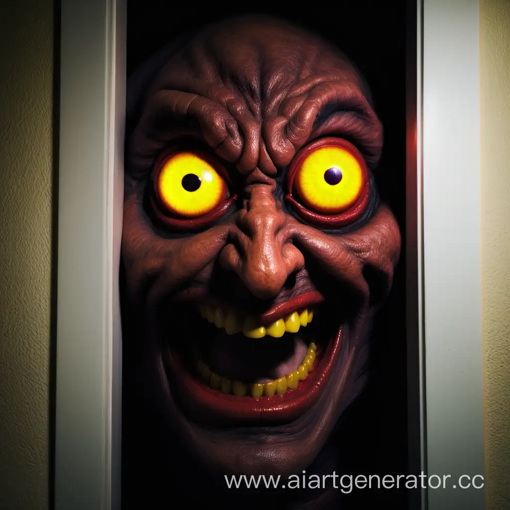 doorway, dim light, demon , smiling from ear to ear, four eyes, two large yellow eyes, two narrow