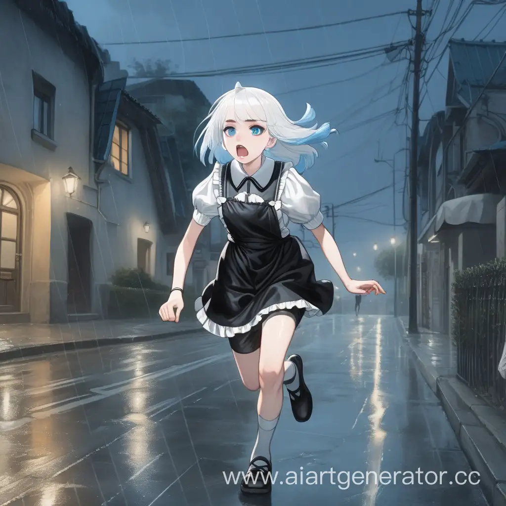 девочка с белыми волосами и коротким хвостом, бежит вечером под дождем на улице, с голубыми глазами, бледной кожей, в костюме горничной, в слезах и с грустным лицом 