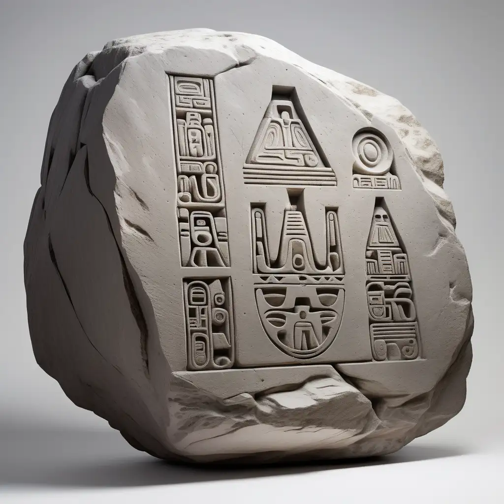 Ancient STX Hieroglyph Engraved Gray Rock on White Background
