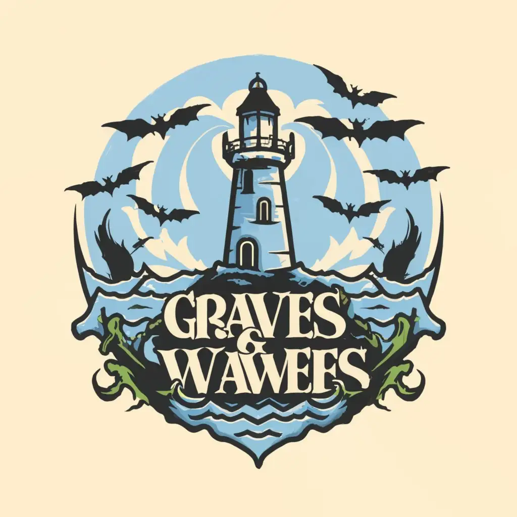 a logo design,with the text "Graves & Waves", main symbol:Beach, goth, death, bats,Minimalistic,clear background