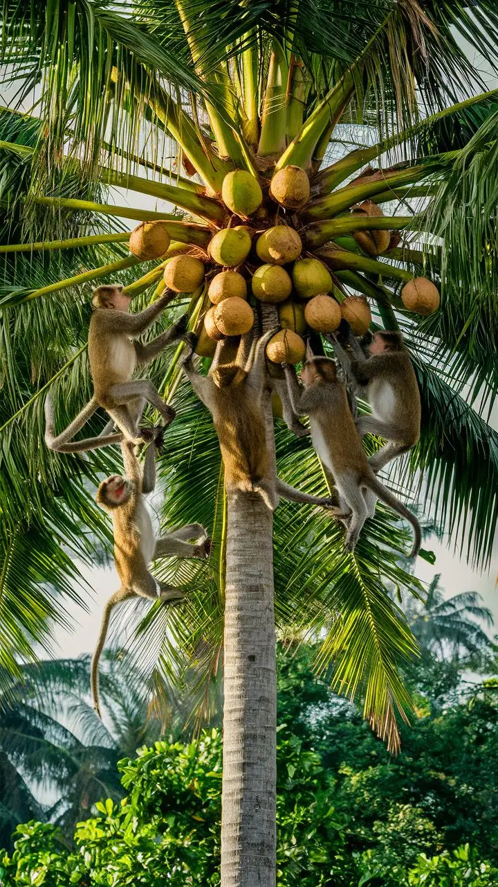 Bunch of real Monkey picking coconut from tree