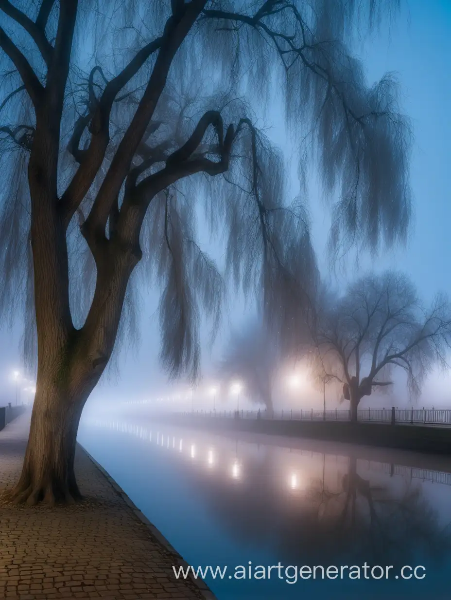 Красивая набережная реки со старыми большими ивами ночью плывёт густой туман 