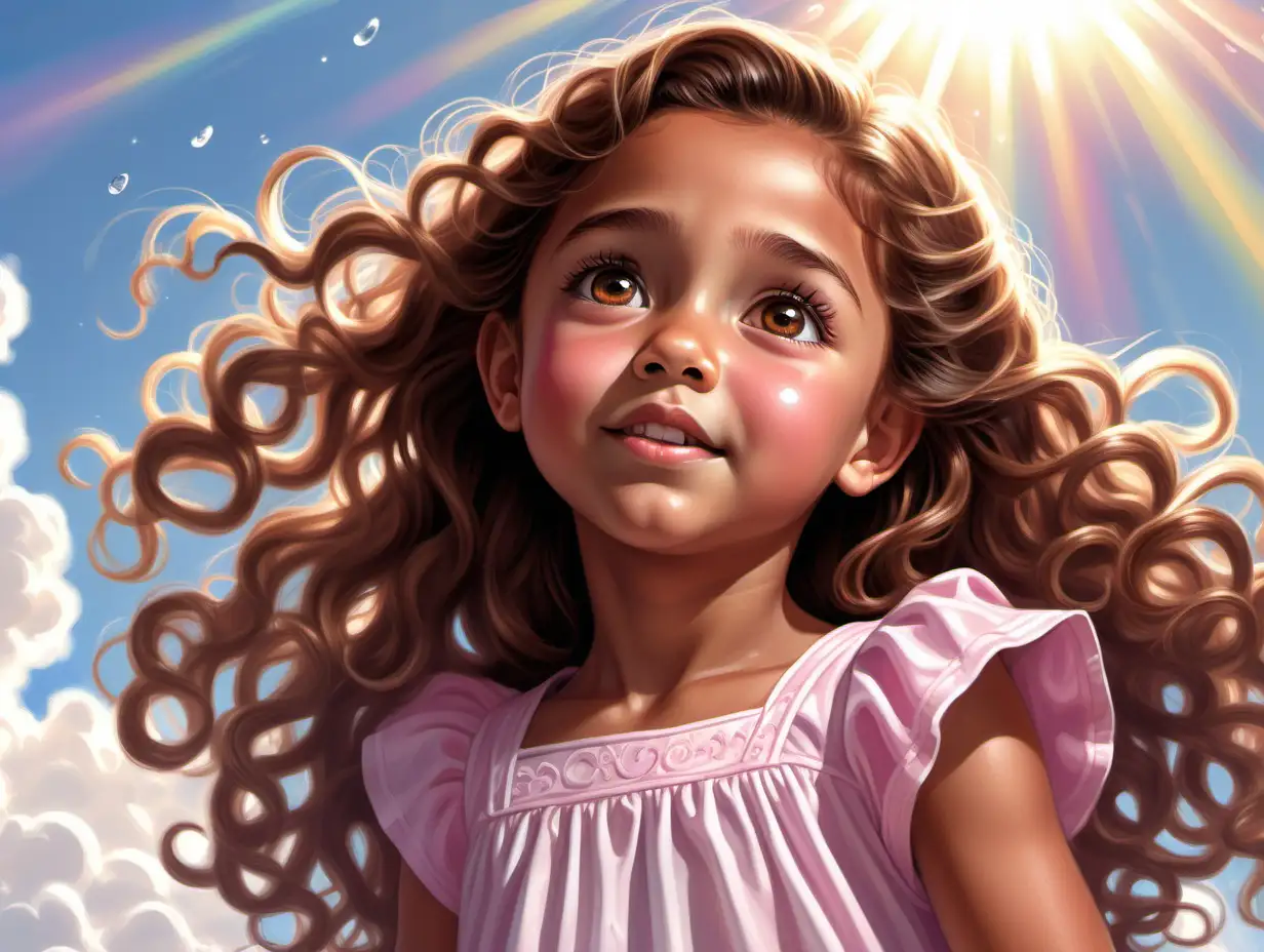  Flat art, children's book, cute, 7 year old girl, tan skin, light hazel eyes, detailed long tight curl brown hair, beautiful, concerned expression, tears on cheeks, watery eyes, looking up, charming light-hearted style, pink and white dress, sky, sun beams on her face, close up shot