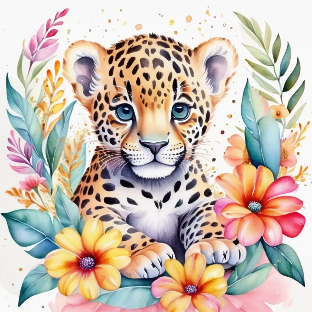 Vibrant Watercolor Illustration Adorable Baby Jaguar Surrounded by Colorful Flowers