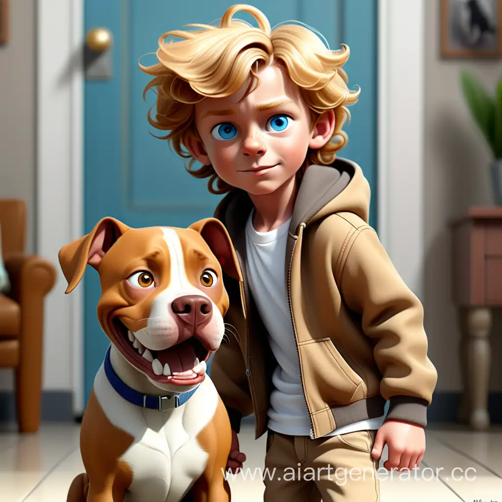 Cheerful-5YearOld-Boy-with-Golden-Hair-and-Pitbull-Dog