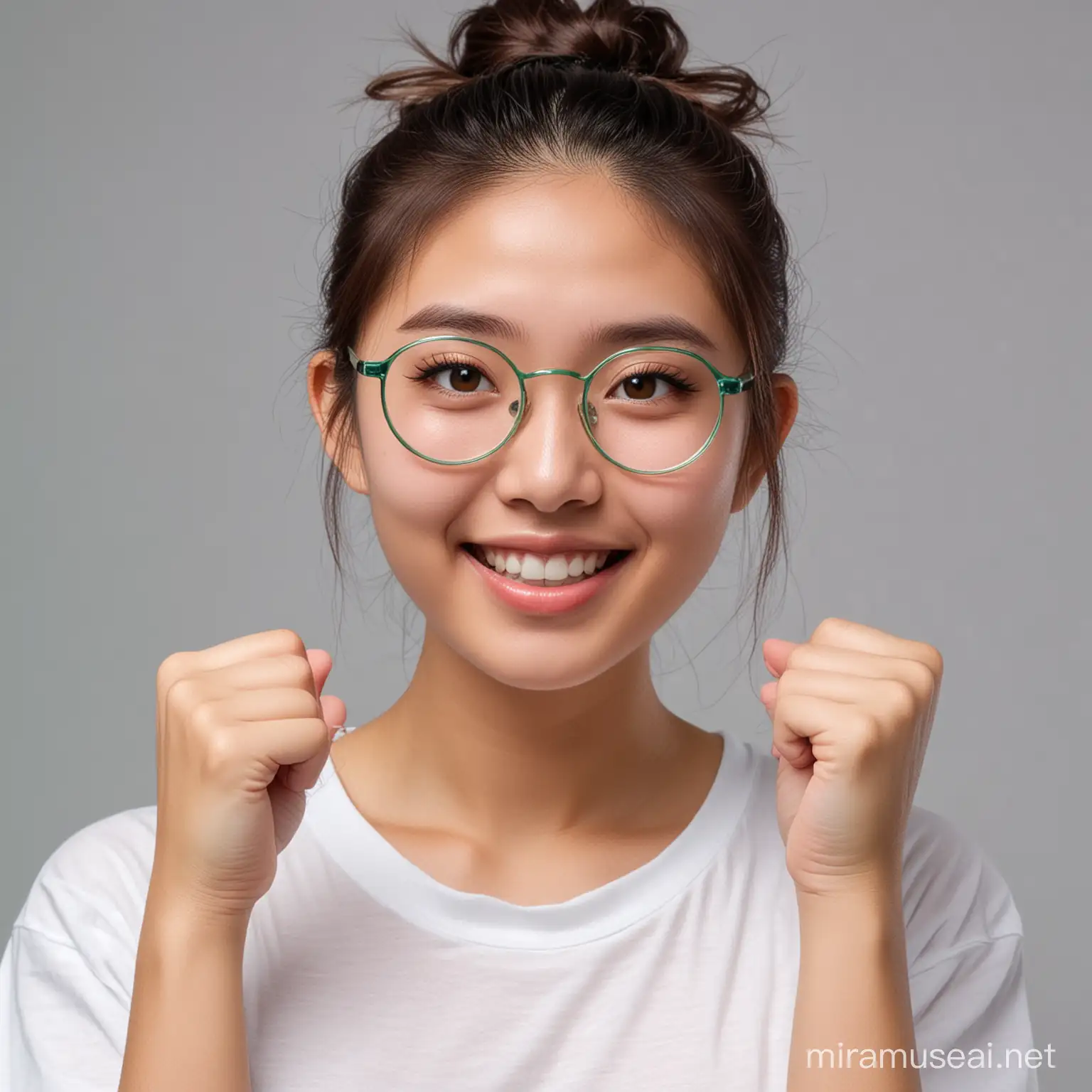 Cheerful Chinese Woman with FrogEye Glasses Smiling and Pouting