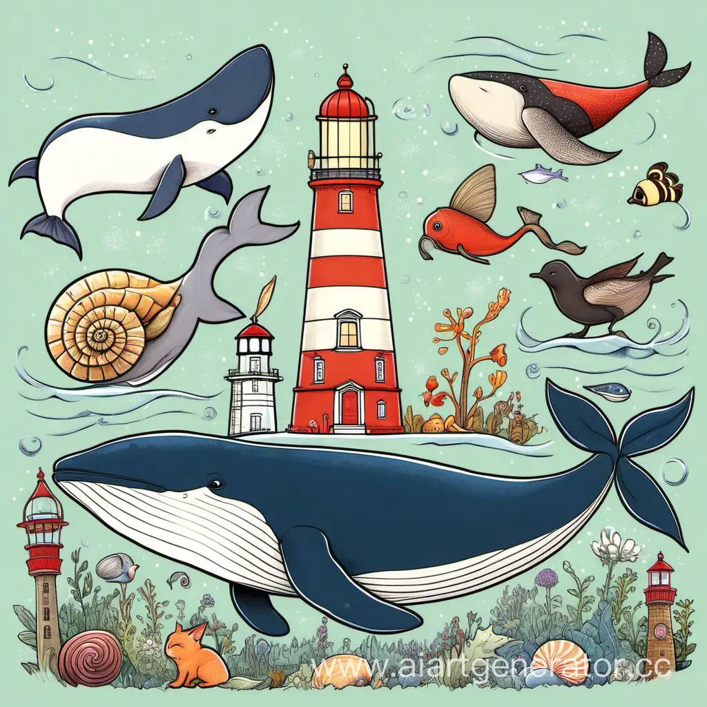 Whale-and-Cat-Watching-Lighthouse-with-Snail-and-Bullfinch