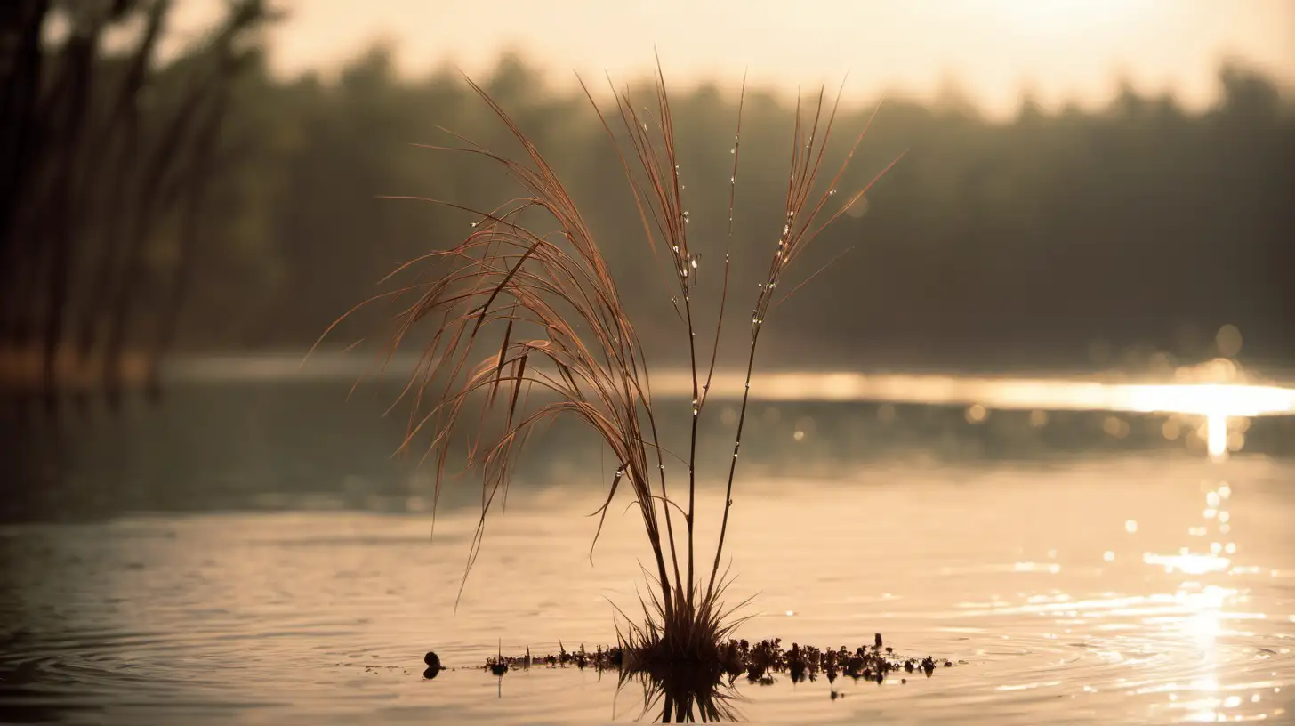 high dry small tree grass  drops soft light lake