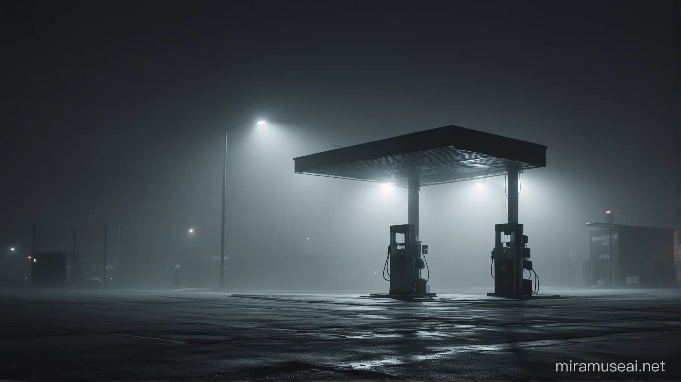 Eerie Gas Station at Night Mystery and Abandonment in the Fog