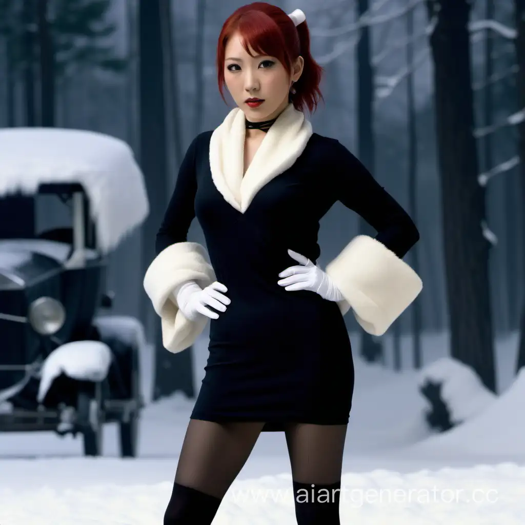 Touko Aozaki who is a Japanese woman with red hair tied back in a pony tail who wears a short black dress that shows off her breasts and and arms with tights, heels and white fur scarf around her shoulders and neck

She is a femme fatale in a 1920s American movie