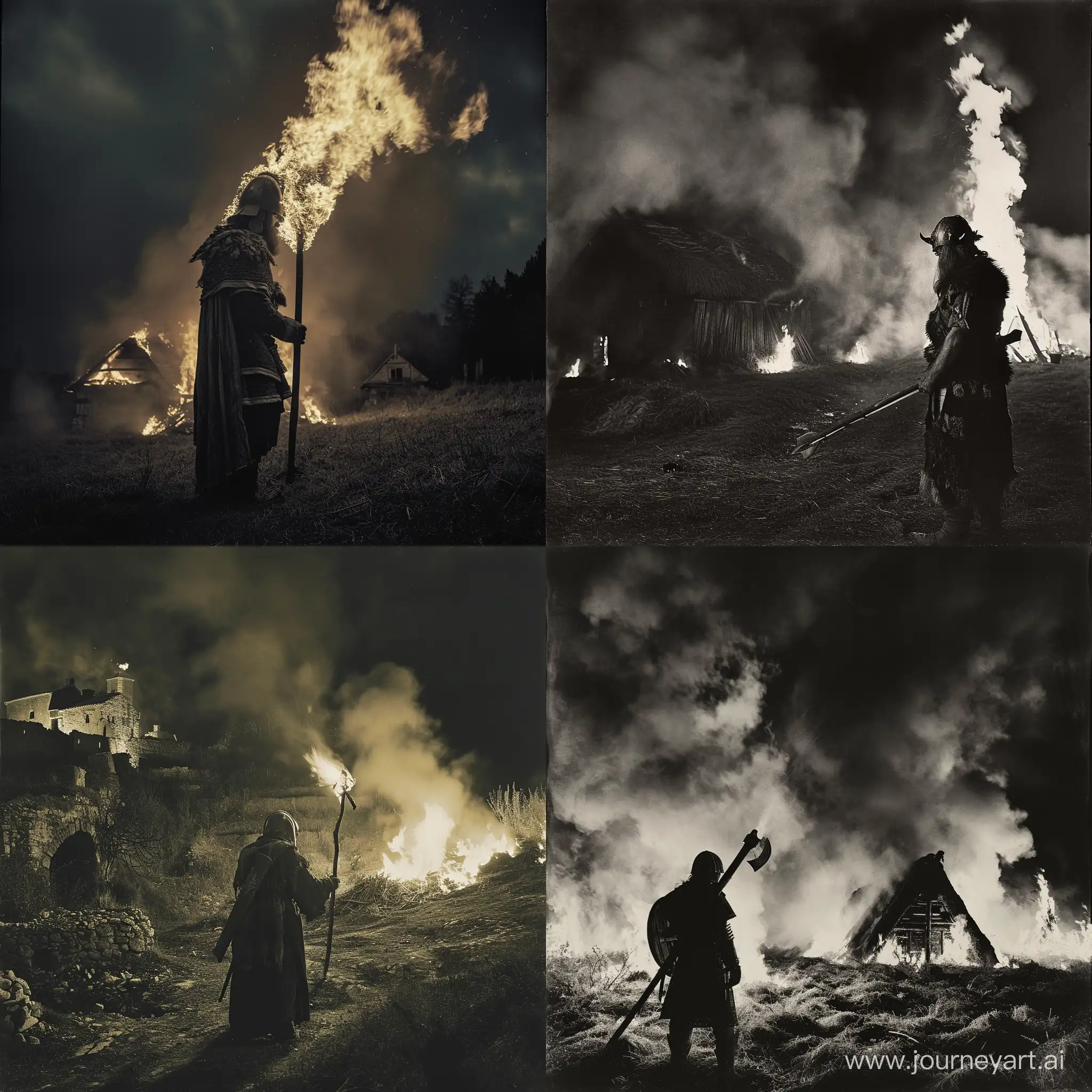 old pagan european barbarian, put fire to a village, night, war photography