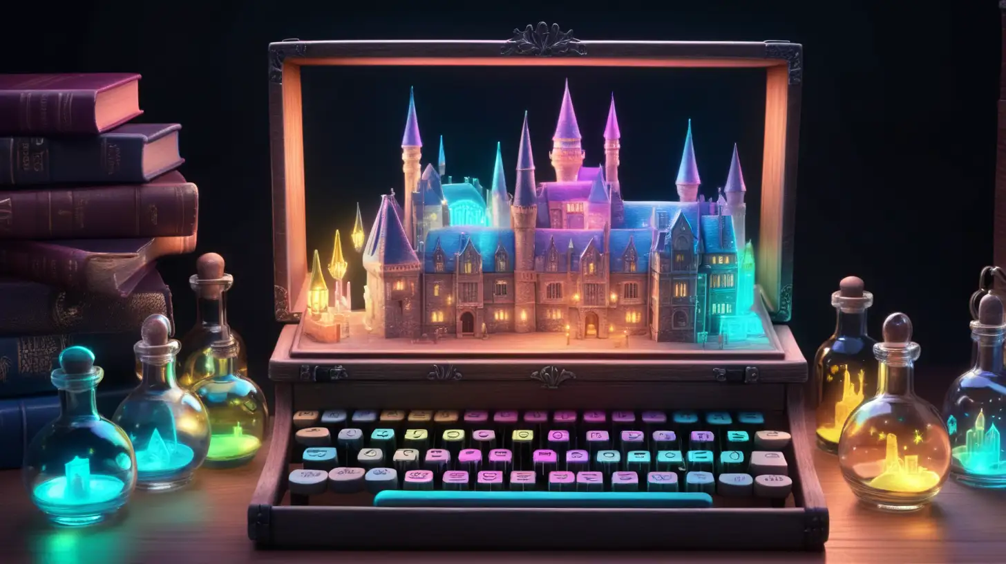 Magical Library with Glowing Keys and Enchanted Potions Containing Iridescent Castles