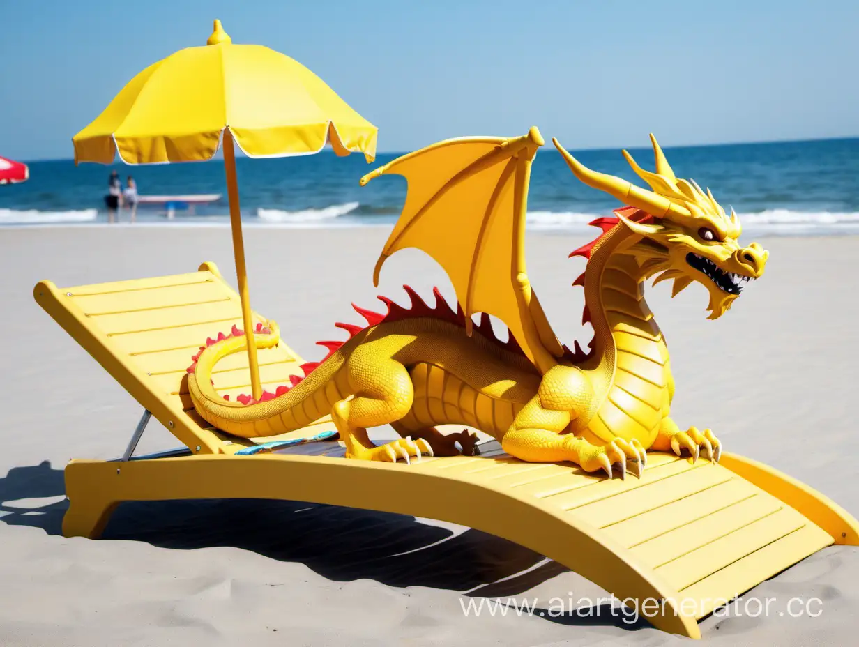 Жёлтый дракон отдыхает в шезлонге на пляже в солнечный день.