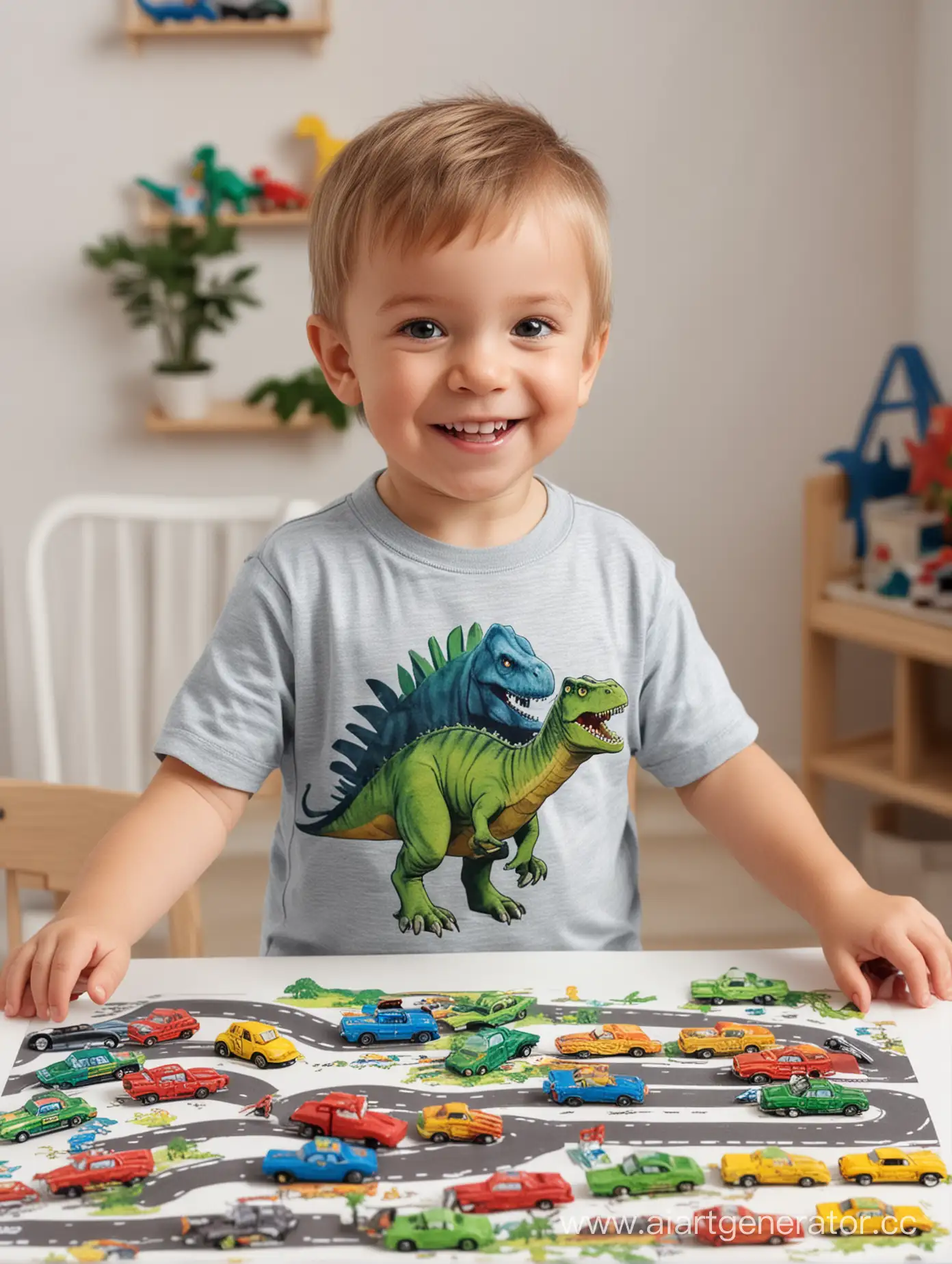happy little boy in a T-shirt with a dinosaur pattern playing with cars at the table