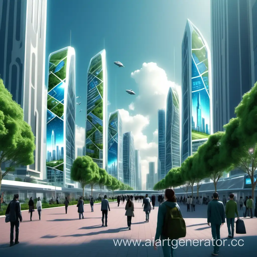 Мегаполис будущего. На зданиях развешаны  проекционные баннеры. В центре расположен парк, где гуляют люди. 