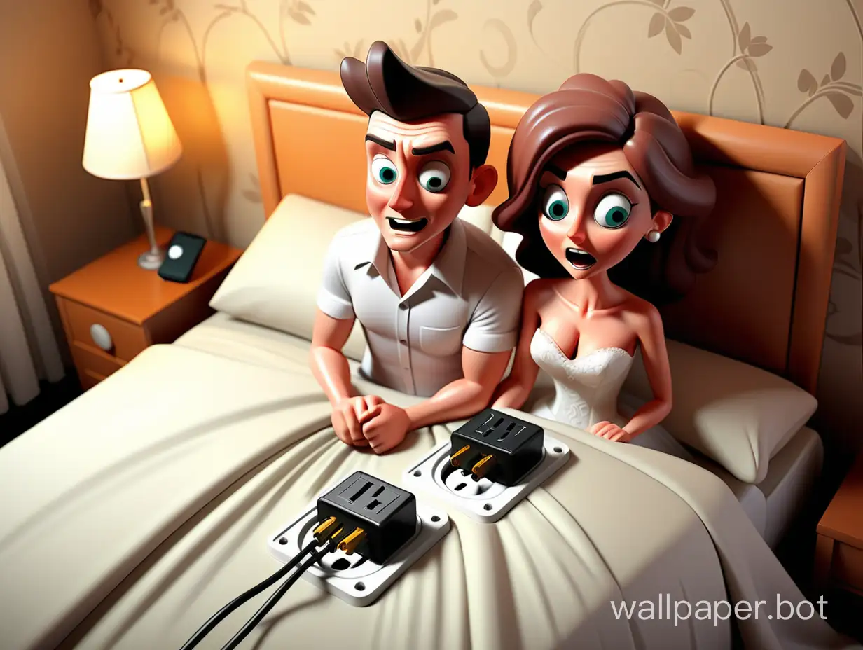 a male electrical outler embrace a female electrical outlet, in their wedding bed, in a nice hotel room, view from above, cartoon style, funny mood