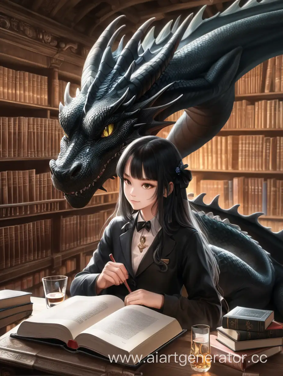 Дракон, черный, книга, библиотека, бар, кот, девушка 