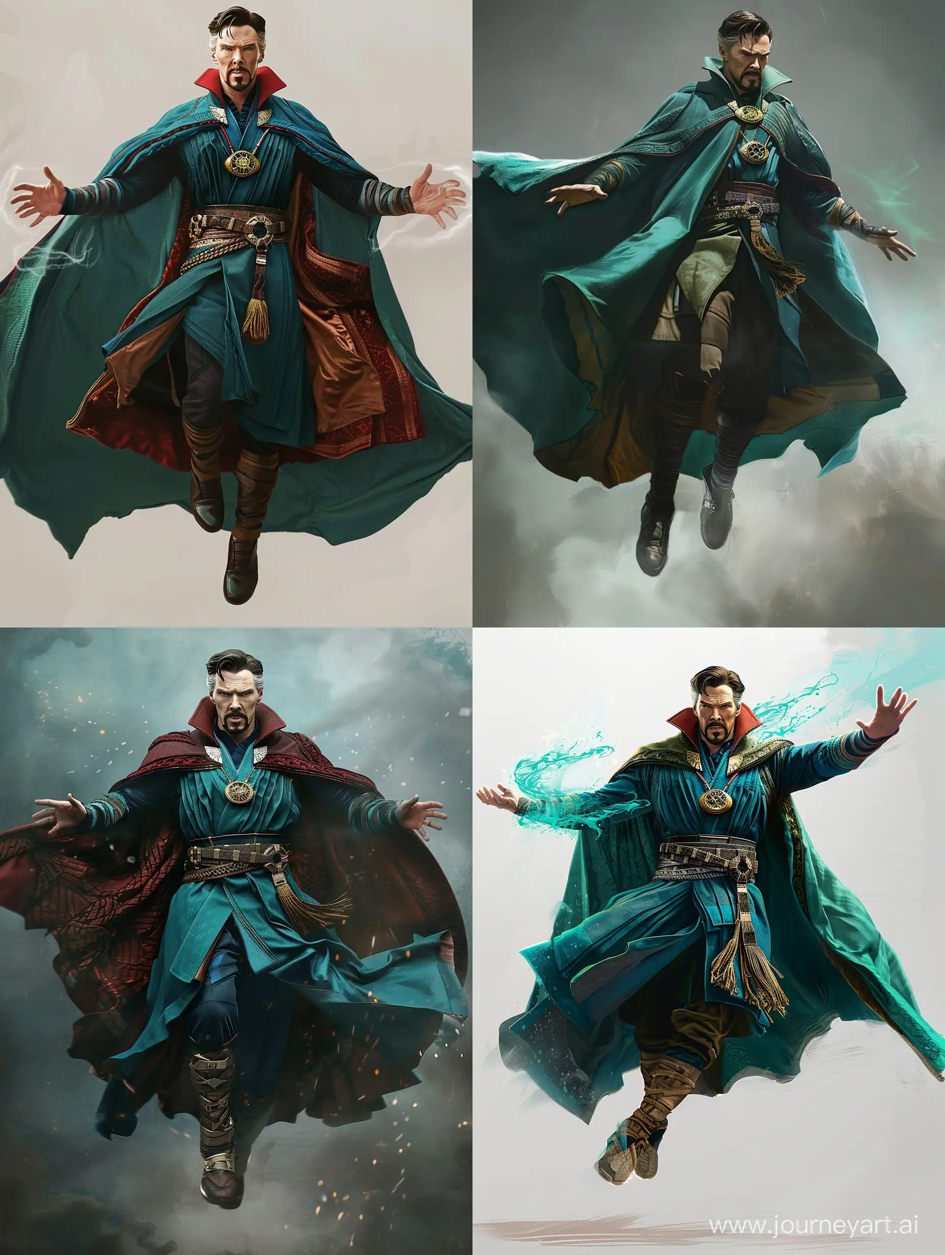 A realistic depiction of a human male. Dr. Strange with a teal cape, floating, casting magic.  full body. ultra realistic. 
