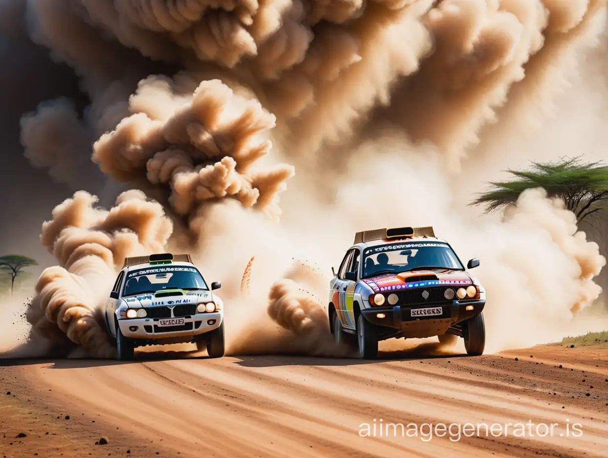 wild Zebras scamper for safety  as a vibrant Safari Rally car speeds past them in the wild, raising a cloud of dust