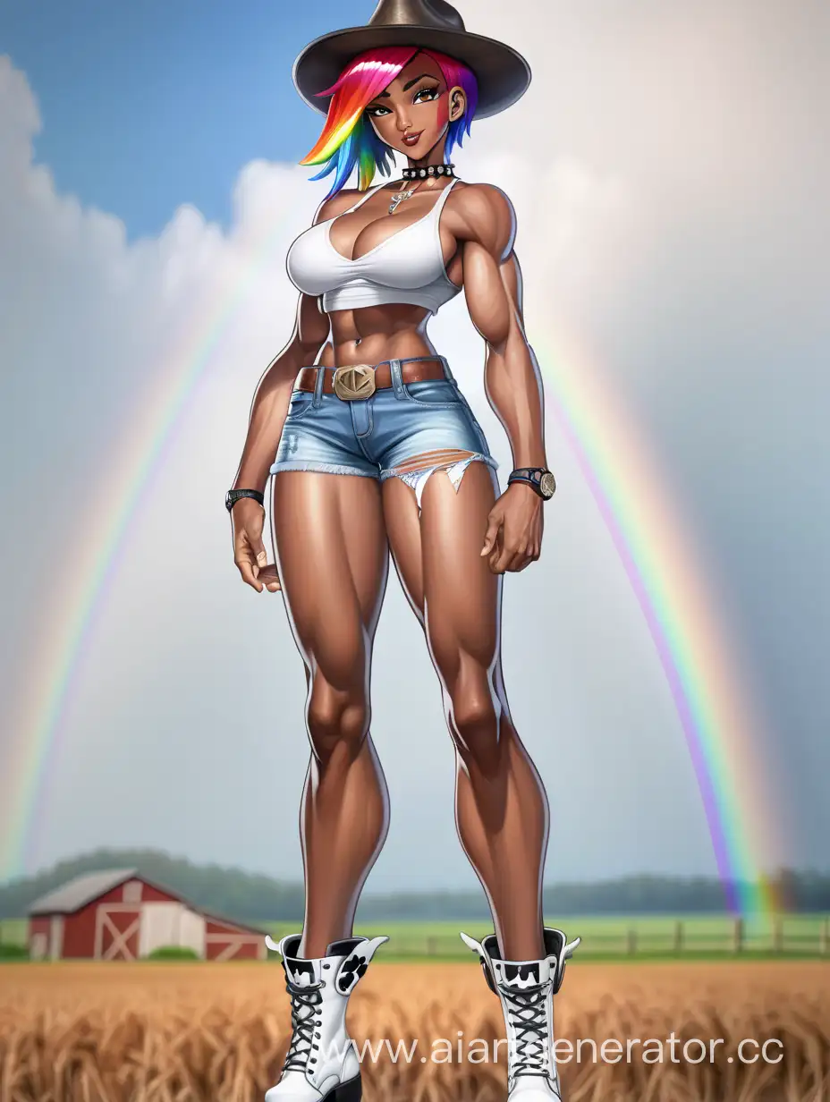 Front View, Full Body View, Farm, Standing, Standing On A Farm, 1 Person, Women, Human, Rainbow Hair, Short Hair, Spiky Hairstly, Dark Ebony Brown Skin, Dark Brown Skin, Whitw Cowboy Hat, White Shirt, Jean Shorts, Cow Print Stockings, Choker, Perfect Face, Perfect Lips, Scarlet Red Lipstcik, Perfect Hands, Five Finger, Seriuos Smile, Perfect Eyes, Brown Eyes, Sharp Eyes, Black Pupils, Symmetric Eyes, Perfectly Symmetrical Body, Tall Body, Bodybuilder Body Type, Massive Breasts, Covered Breasts, Big Well-Toned Body, Big Muscular Arms, Big Muscular Legs, Hard Abs, Well-toned Abs, Muscular Body, 