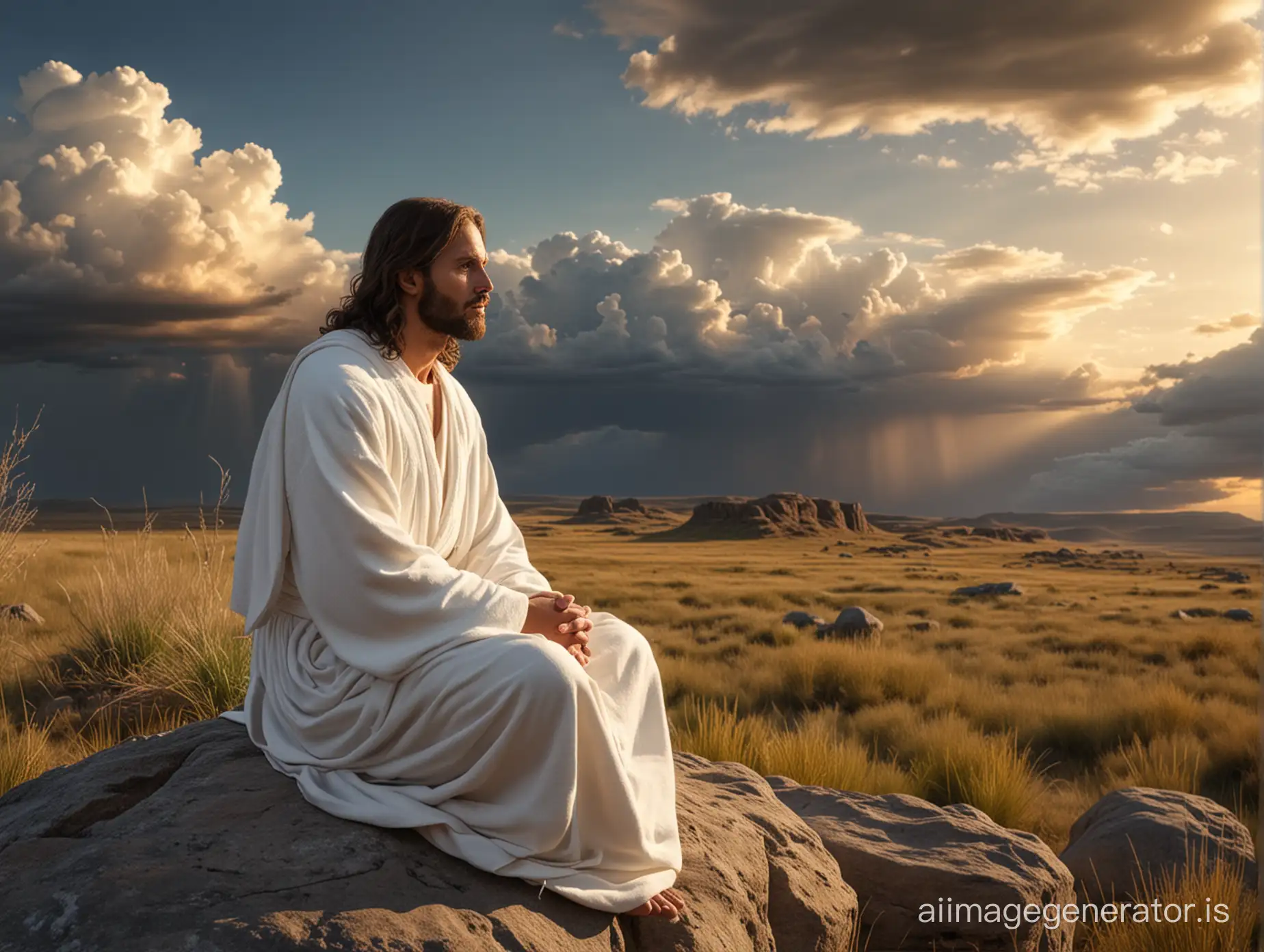 jesus christ at the left corner sitting on a rock, facing southwest, in a white robe, full body, 8k resolution, realistic, as if he's communicating with someone beside him, occupy 25% of media, background is beautiful prairie with dramatic sky, wide angle, a bit far