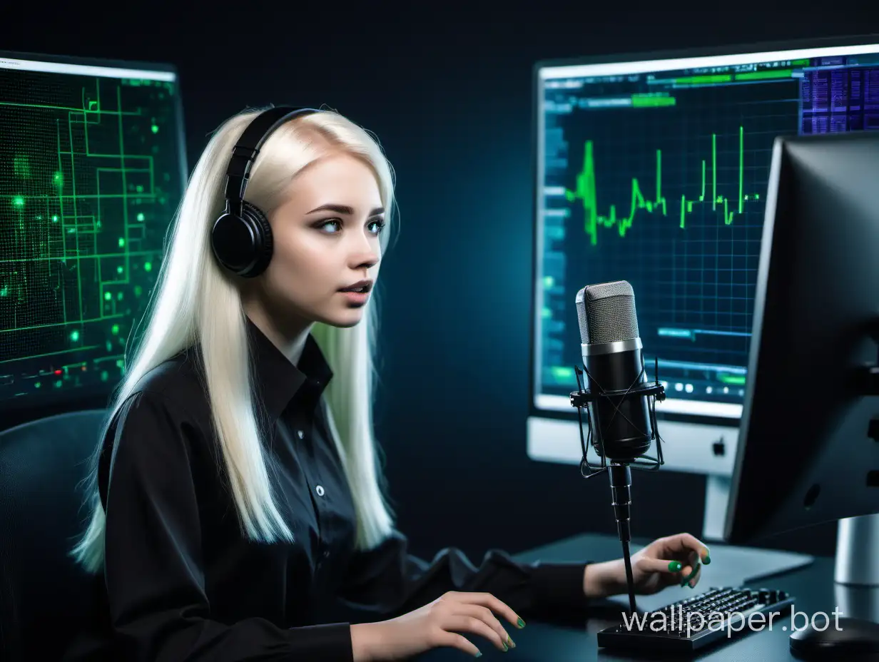 Programmer girl with platinum blonde hair, teaches AI to recognize voice, microphone, dark office environment, color black, green, blue