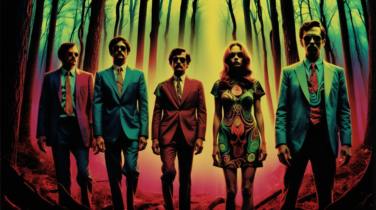 Movie poster.   In the woods is four men and one woman. Woman have psychedelic style.Movies style.