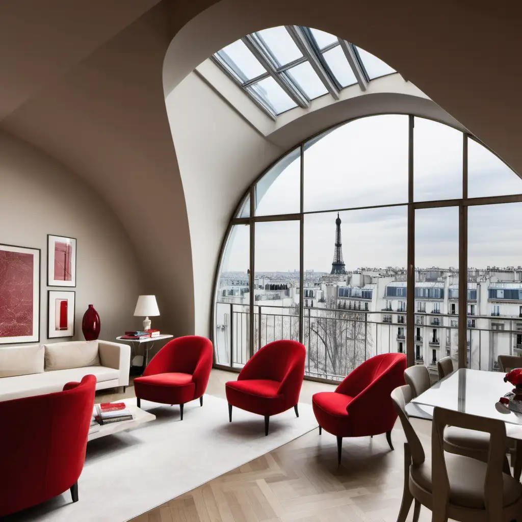 An interior view of a penthouse in Paris, high ceiling with a large window where you look out over the streets of Paris. The walls should be beige, with red chairs, red lamps, red vases. Tables and storage furniture should be in muted shades such as beige and cream white but also with blue and brass