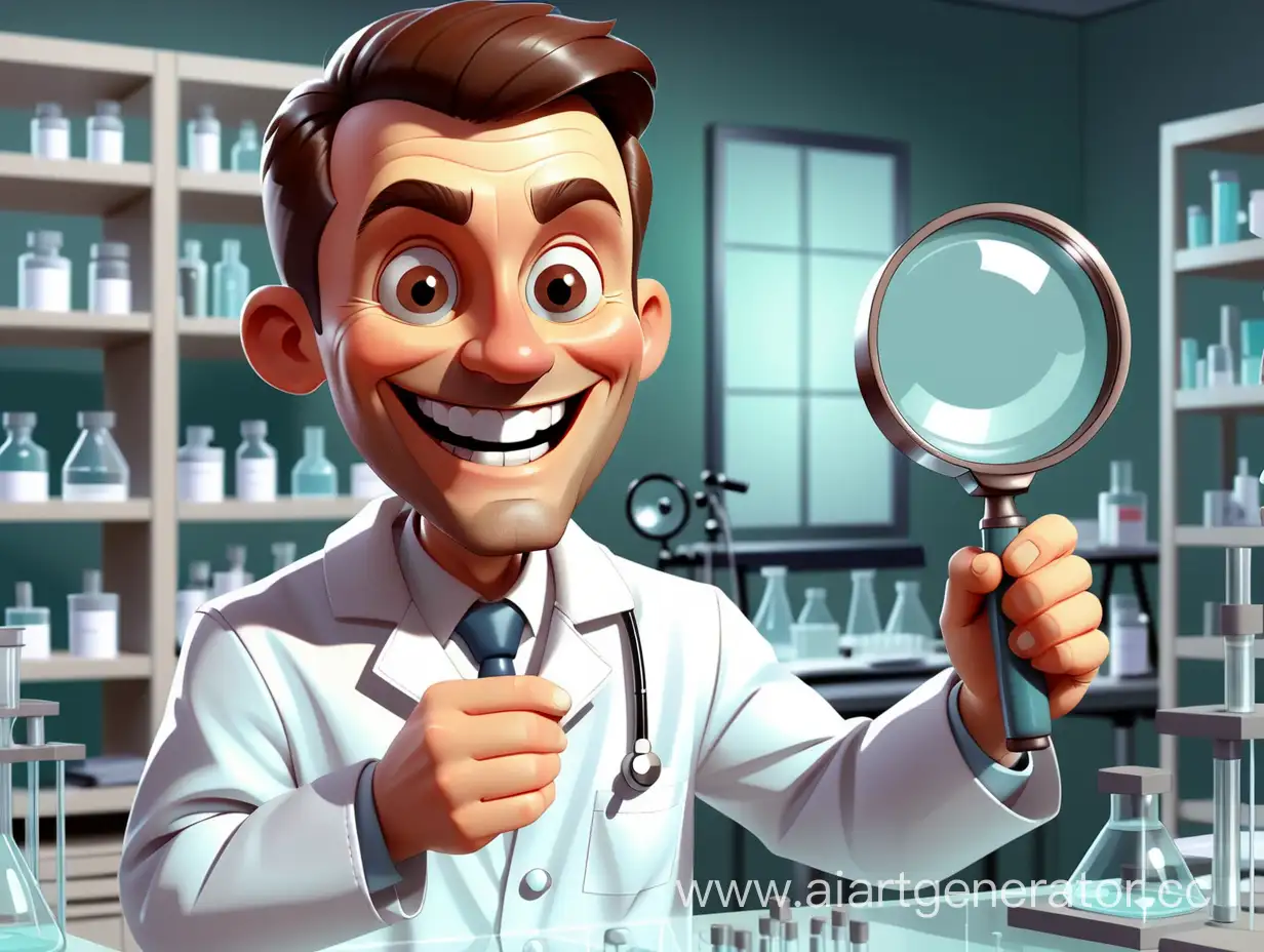 Cheerful-Cartoon-Scientist-Examining-with-a-Magnifying-Glass-in-Laboratory