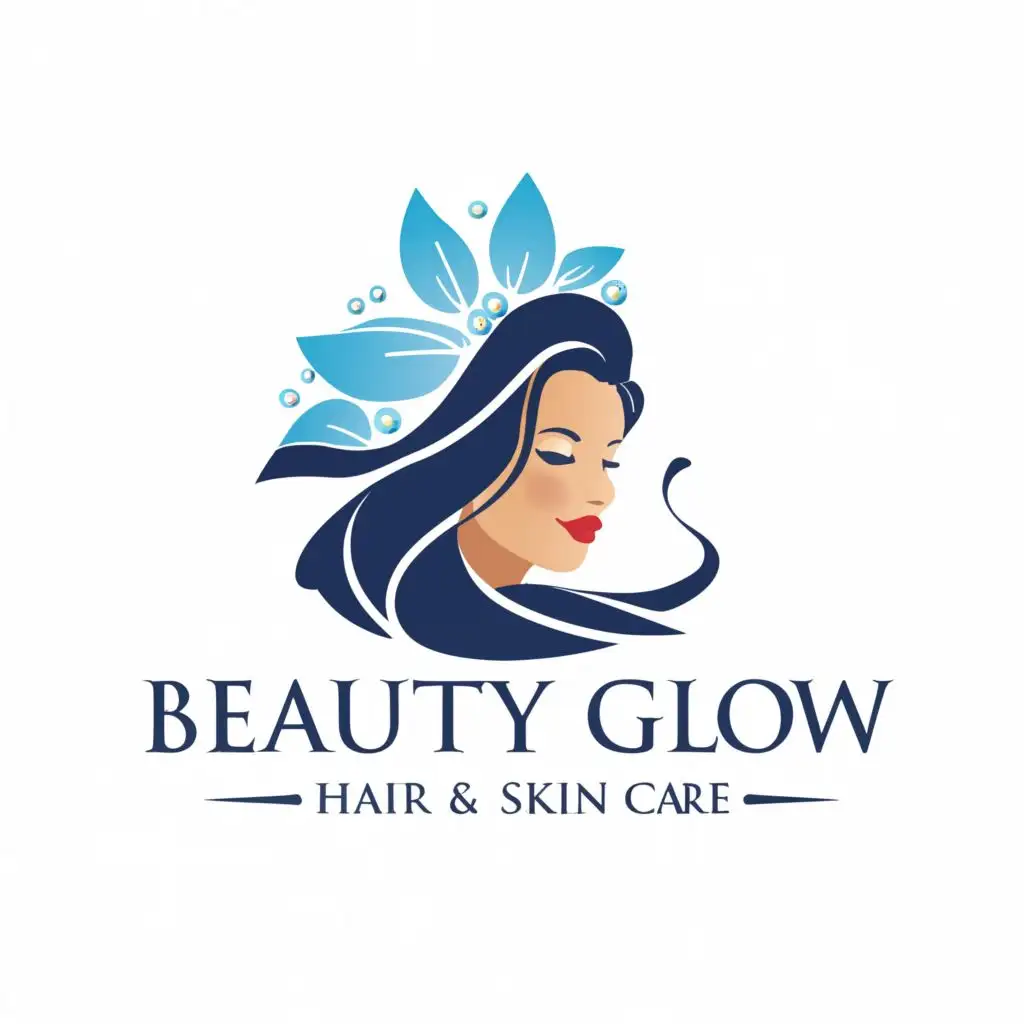 LOGO-Design-for-Beauty-Glow-Elegant-Blue-Beauty-Girl-Flowers-with-Subtle-Hair-Skin-Care-Message-on-a-Clear-Background