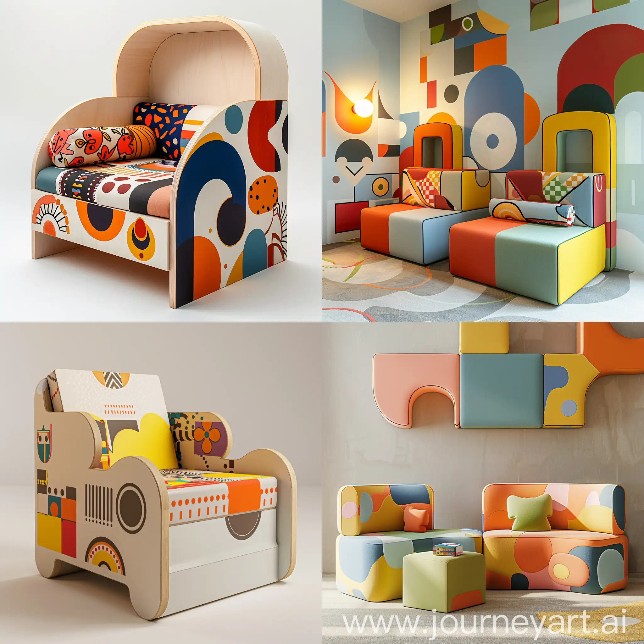 Multi-age sharing of children's furniture to create a parent-child interactive experience,LOGO,patterning,abstract