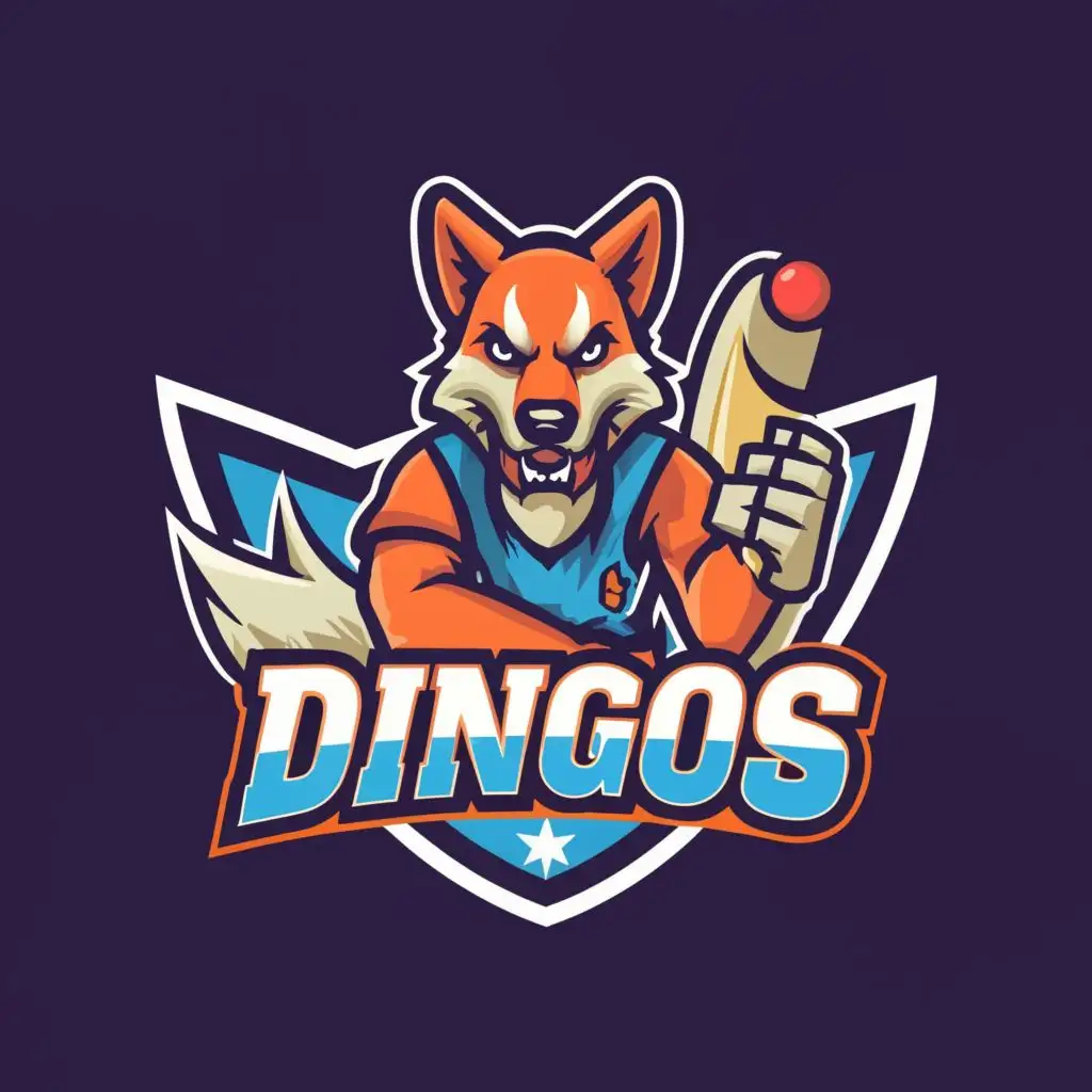 a logo design,with the text "Dingos", main symbol:Mean looking Dingo playing cricket with cricket ball in the background, be used in Sports Fitness industry