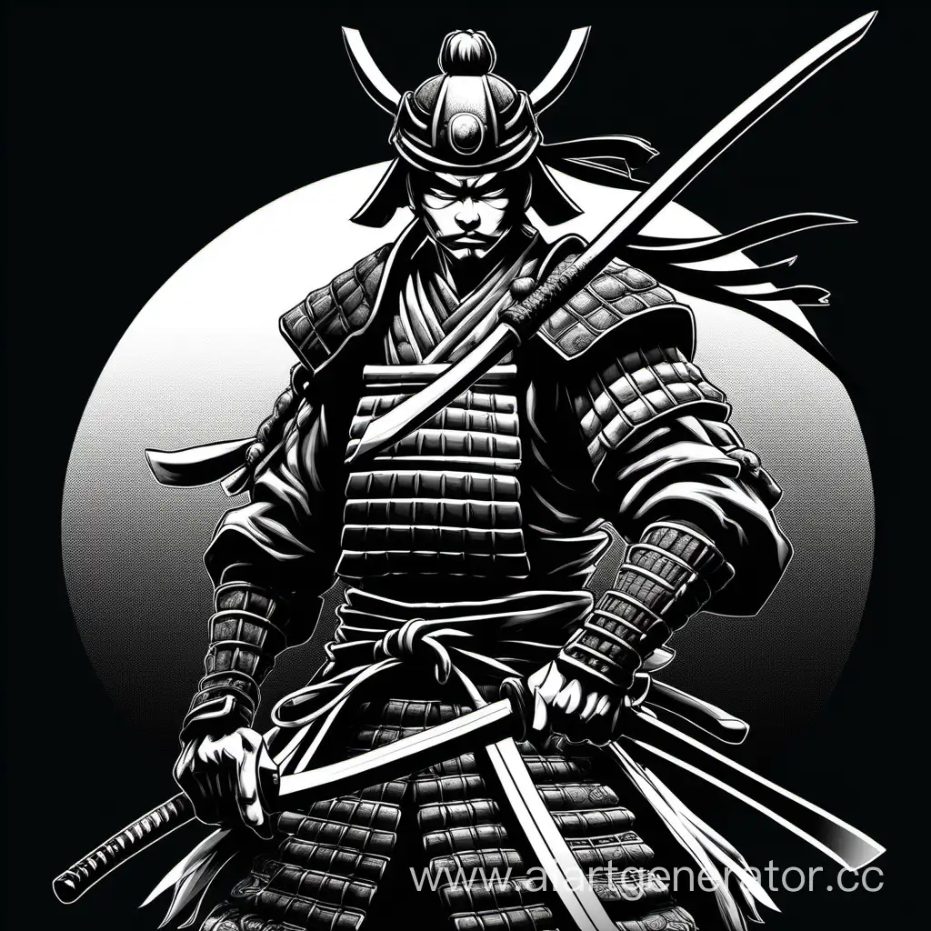черно-белый самурай 2d на черном фоне


