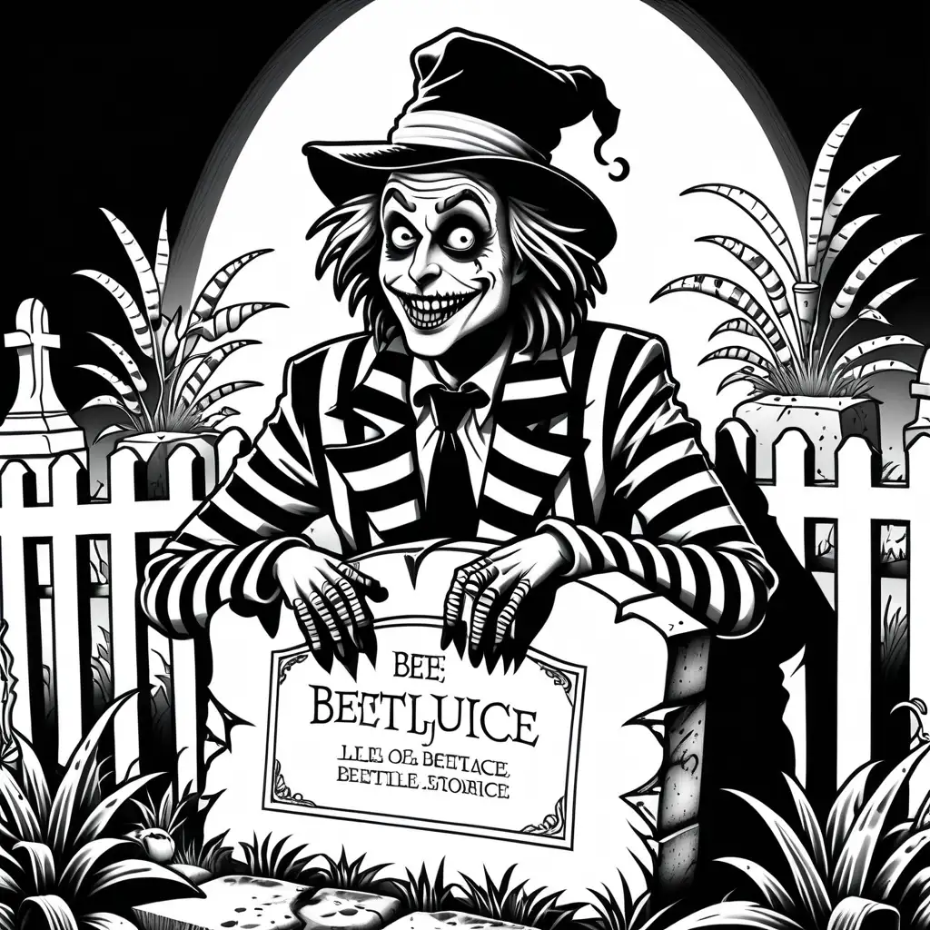 Beetlejuice Sitting on Tombstone Quirky Monochrome Coloring Book Illustration