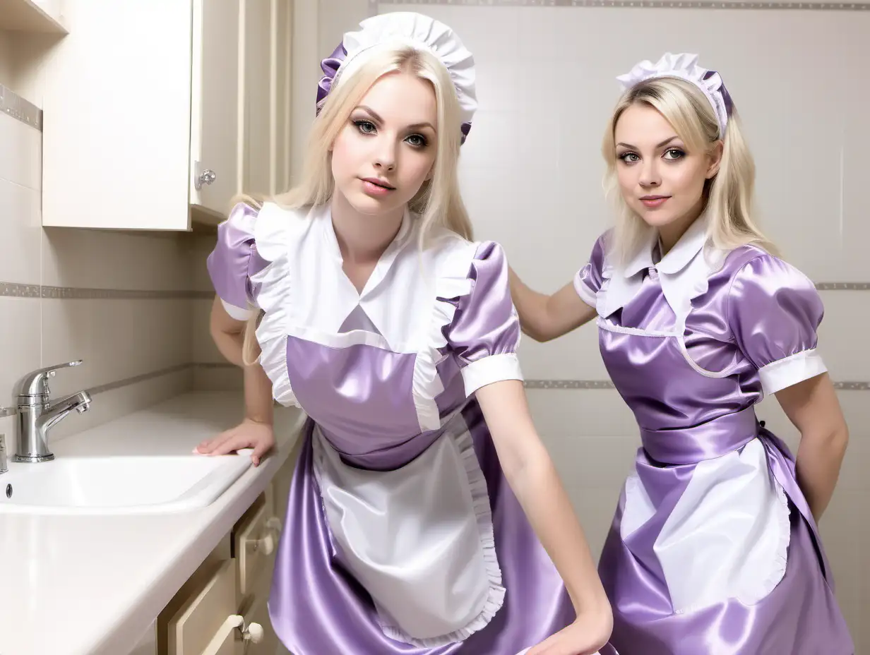 girl in long lila  satin maid uniforms and  mothers blonde hair clean bathroom and kitchen