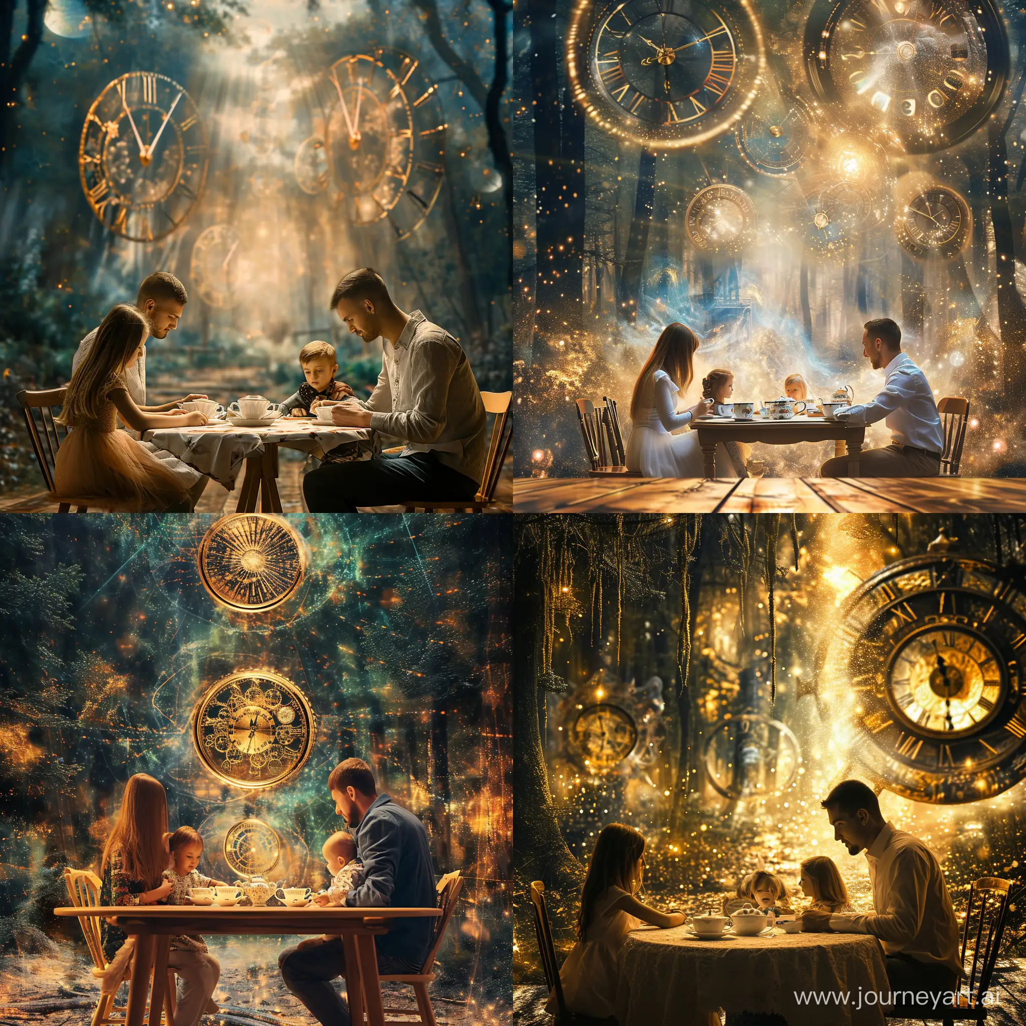 чайпитие, стол, волшебном лес, сидит семья, на заднем плане большие вселенские часы, Энергия, поток, принятие, разрешение, любовь, исцеление, пробуждение, сказочная картина