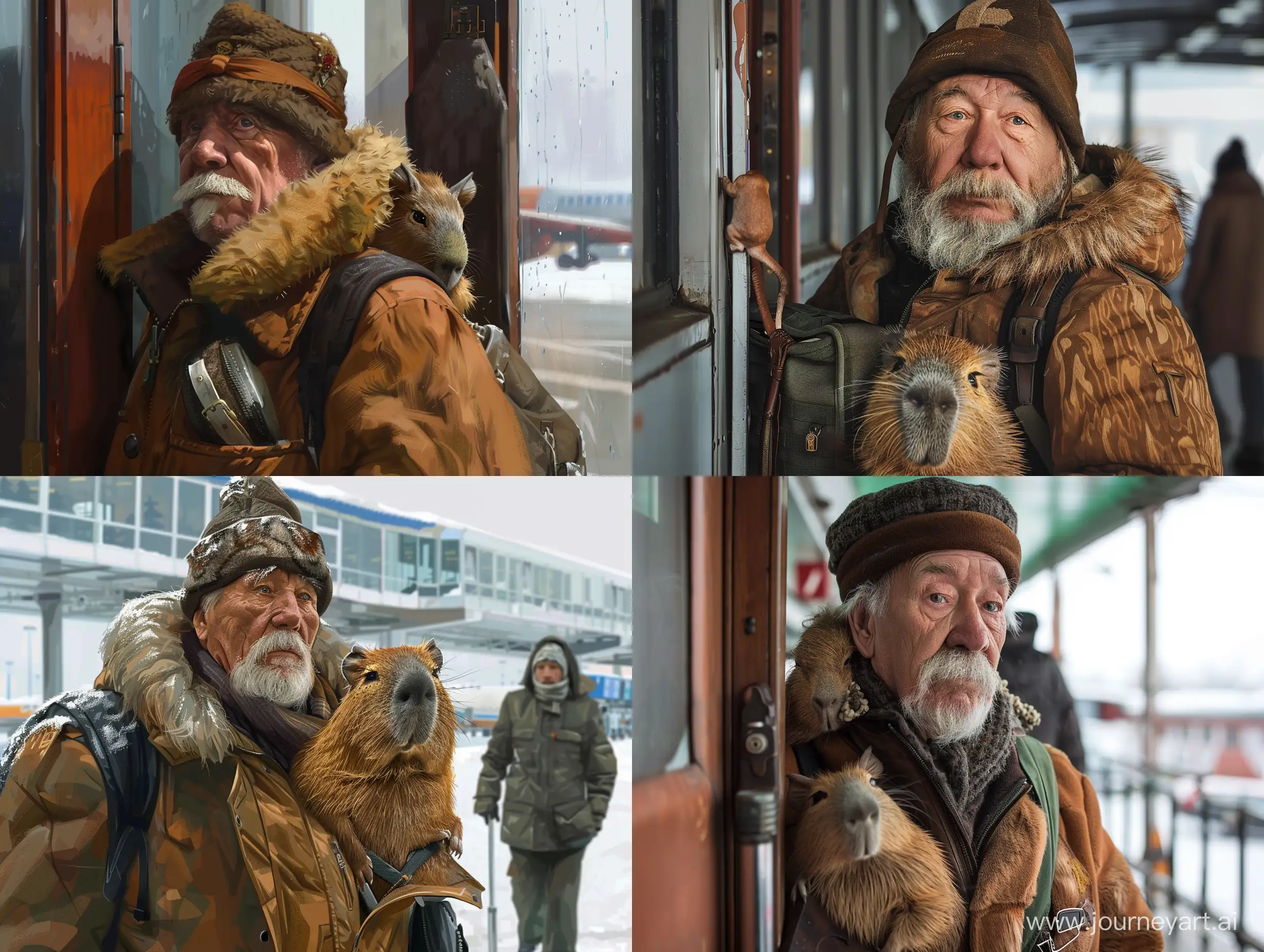 Старый Хорхе в шапке-ушанке выходит из аэропорта Тольмачево из-за пазухи капибара реализм фотокачество